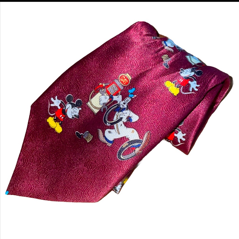 Disney Mickey Mouse & Goofy Mens Neck Silk gas mechanic Dress Casual burgundy